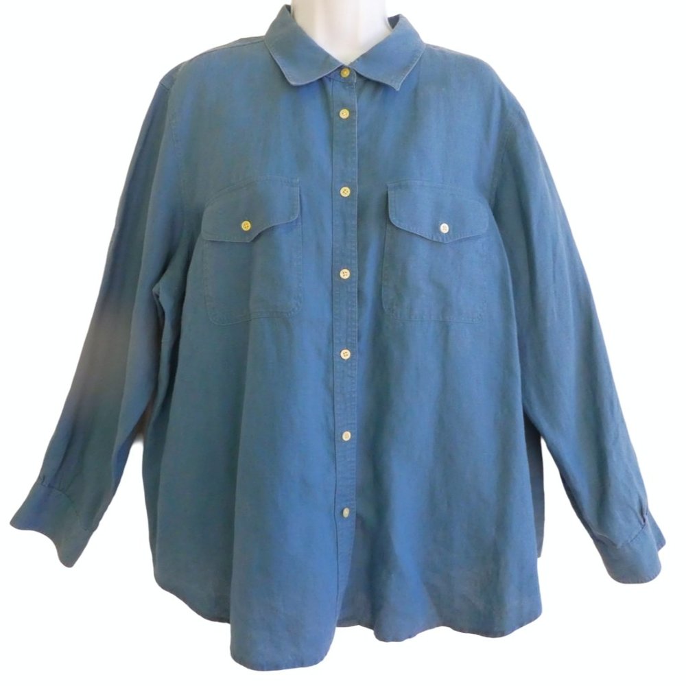 LiNeN Lauren Ralph Lauren Field Shirt 90s Slate Blue Long Sleeve Button Front 2X
